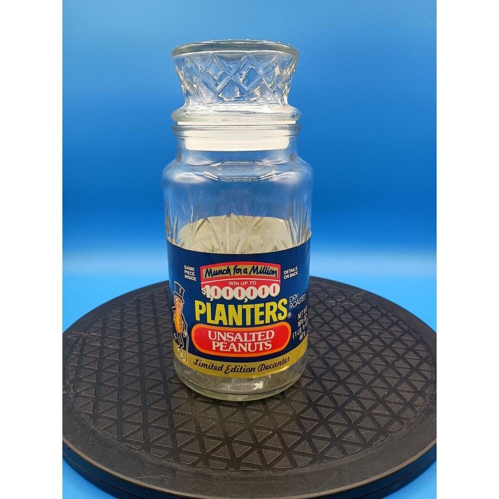 Vintage 1983 Clear Planters Peanuts Jar, Lid and Label Diamond Cut Wheat Design